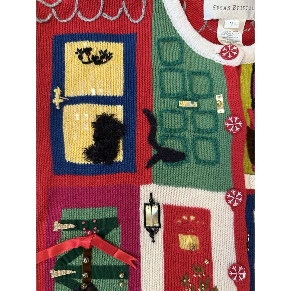 Vtg Susan Bristol Crazy Cat Lady Ugly Christmas Sweater Button Up Cardigan Sz M - Picture 7 of 10
